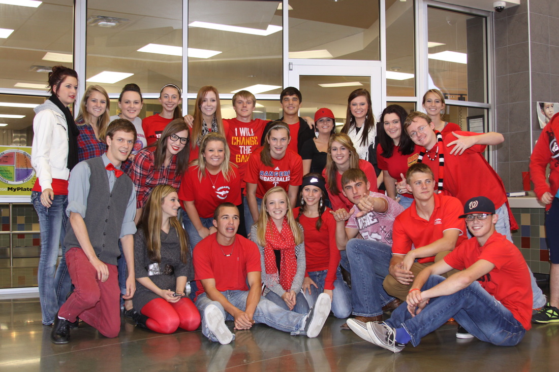 Students wearing red.
